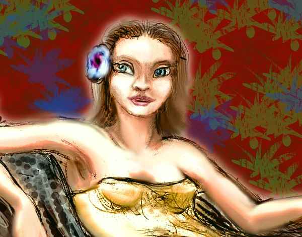 Sketch of dream by Chris Wayan: girl in gold gown lounges on a striped, spotted... man or sofa?
