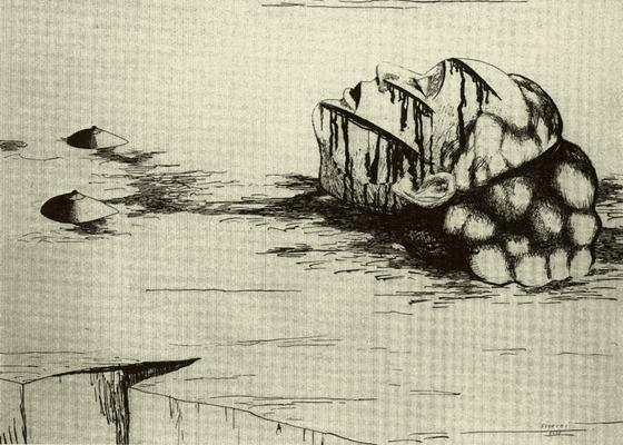 A girl with bloody facial cuts, mostly buried in ice; sketch of a dream by Jindrich Styrsky.