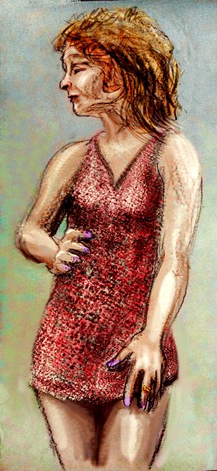 Woman in red; me, in love with hard-boiled private eye Travis McGee; sketch (charcoal, pencil, digital tinting) of a dream by Wayan.