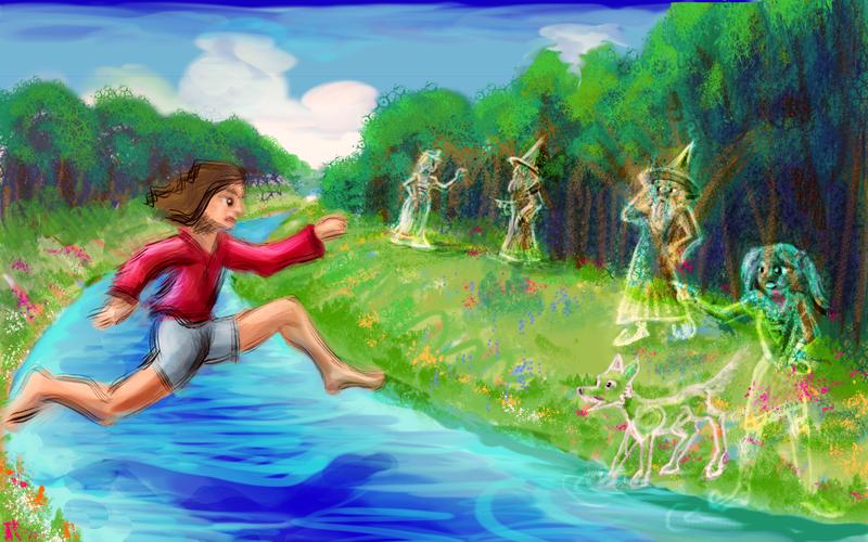 I leap over a stream to the land of the glass people. Dream sketch by Wayan. Click to enlarge.