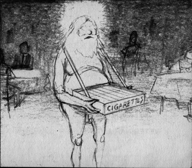 God naked selling cigarettes in a nightclub. Dream sketch by Jim Shaw.