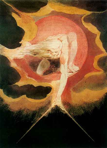 Drawing by William Blake, titled 'The Ancient of Days', ca. 1800: God reaches down from a cloud into darkness to measure the cosmos with calipers of light.