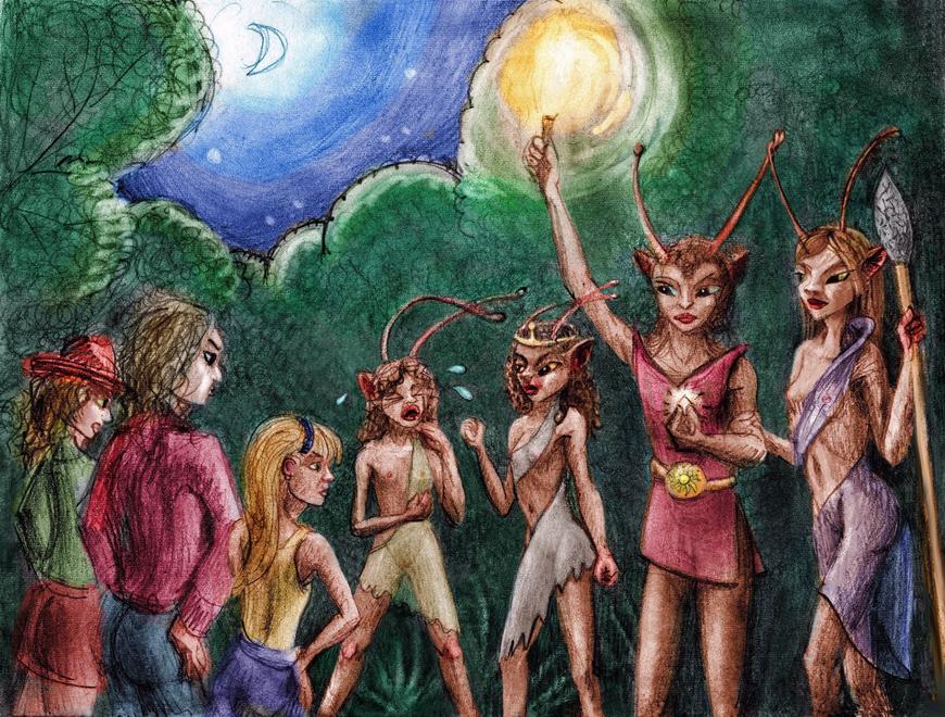 In a dark wood, human kids bully elf kids till their parents show up. Dream sketch by Wayan. Click to enlarge.