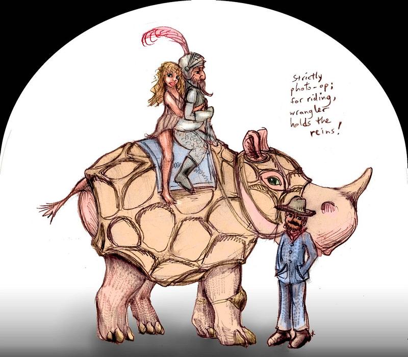 A couple rides an armored rhinopotamus. Dream sketch by  Wayan. Click to enlarge.