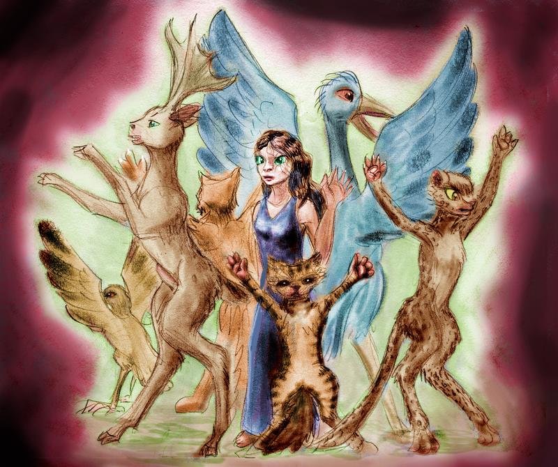 Gospel Girl ringed by animal guardians. Dream sketch by Wayan. Click to enlarge