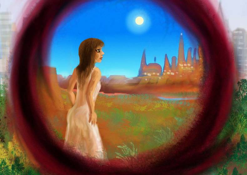 Gospel Girl steps through a portal, finds a city in a desert. Dream sketch by Wayan. Click to enlarge