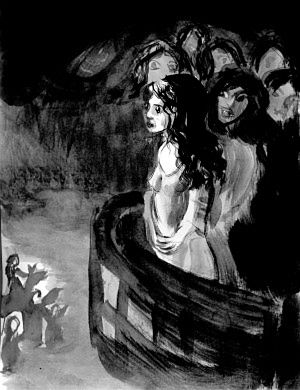 Ink sketch by Wayan of a dream by Roswila: A Gothic Tale. girl with black curls and pale skin, in white gown, on a parapet. Small figures far below. Behind her, six shadowy faces lurk.