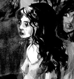 Ink sketch by Wayan of a dream by Roswila: A Gothic Tale. Close-up of melancholy girl with black curls and pale skin, in darkness.