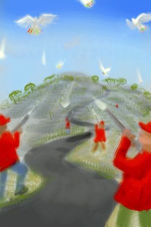 sketch of a dream by Wayan: red-coated hunters on a cindery hill fire at big rainbow-tailed birds above.