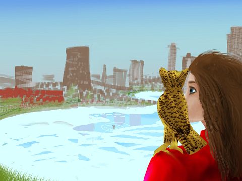 sketch of a dream by Wayan: in a ruined city, a talking owl perches on my shoulder and freezes a pond where a tiny submarine lurks.