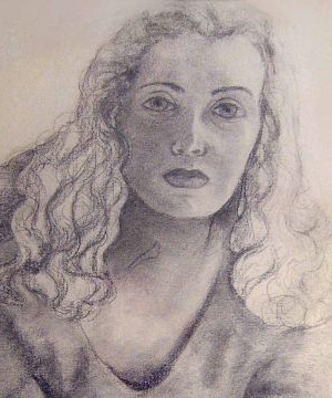 Scene from a dream by Wayan: my godmother Joan's ghost gave me bad advice. Pencil/charcoal sketch of Joan by Marcia Pagels.