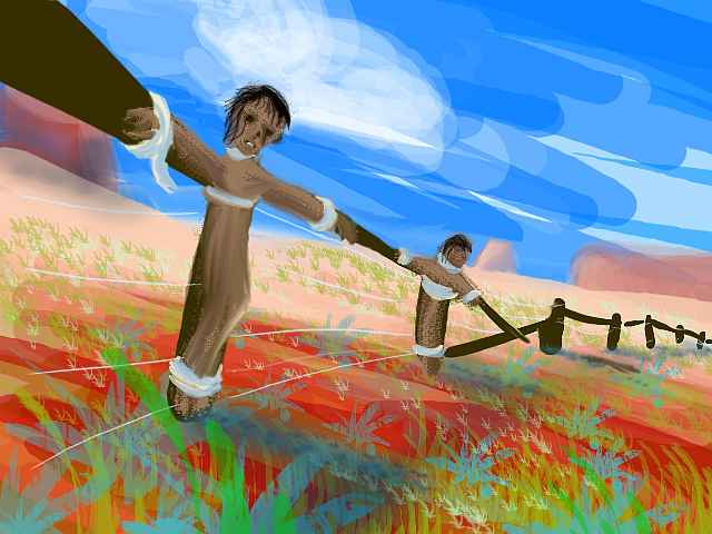 Paint-sketch of a collapsing wood-rail fence on a desert hill. Sage, red earth, deep blue sky. Two bodies are tied to fence posts, mummified like dried-up Christs. Click to enlarge.