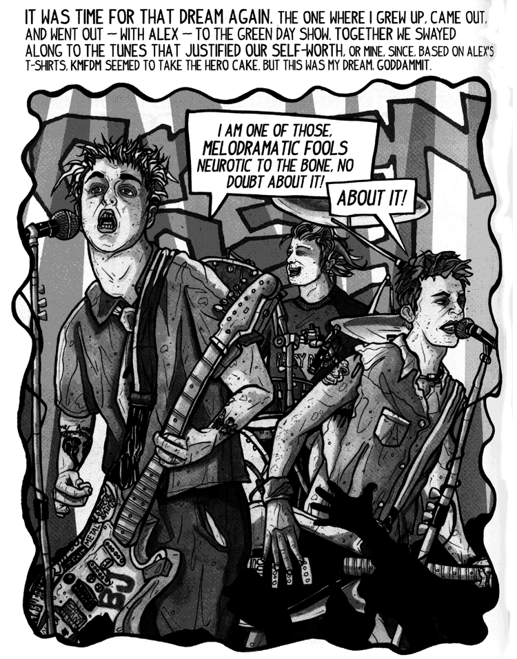 Comics page by Cristy C. Road telling a dream of being spat on at a Green Day concert and liking it.