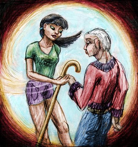 Girl knocks her ancient dad's cane aside so he can die. Dream sketch by Wayan; click to enlarge.