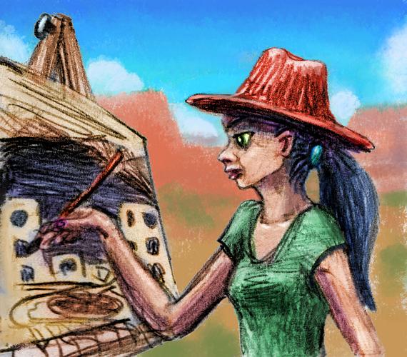 Girl in cowboy hat paints cliff-dwelling ruins. Dream sketch by Wayan; click to enlarge.