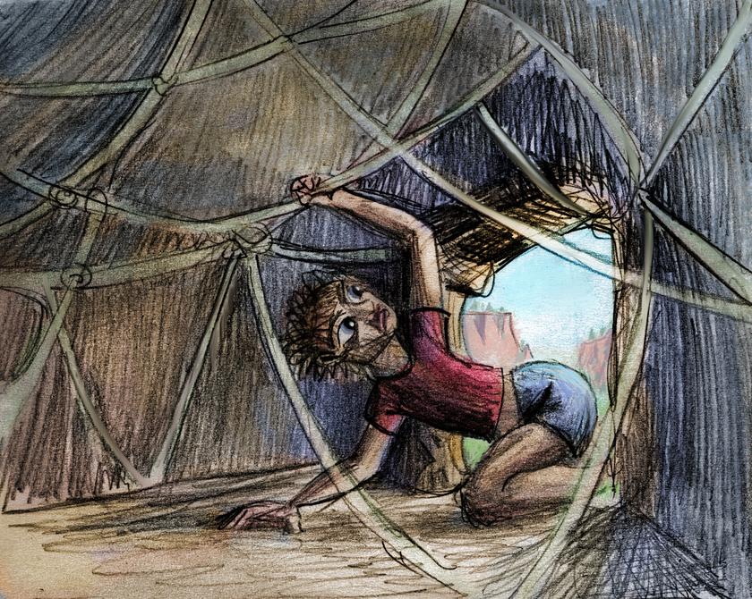 Guy crawls into cliff-dwelling ruin, finds a spiderweb of cables. Dream sketch by Wayan; click to enlarge.