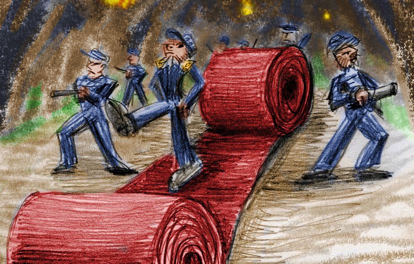 Gunmen guard a dictator on red carpet in a cave. Dream sketch by Wayan; click to enlarge.