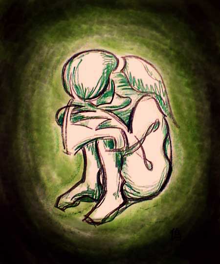Girl curled up crying naked and green--me, grieving. Crayon of a dream by Wayan.