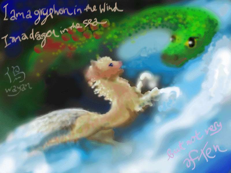 A plush griffin meets a long-necked dragon, mid-air; words read: 'I am a gryphon in the wind, I am a dragon in the sea... but not very often.