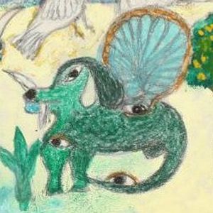 'Funny Green Animal', 'Green Animal', or 'Green Unicorn', detail of 1979 dream art by Minnie Evans.