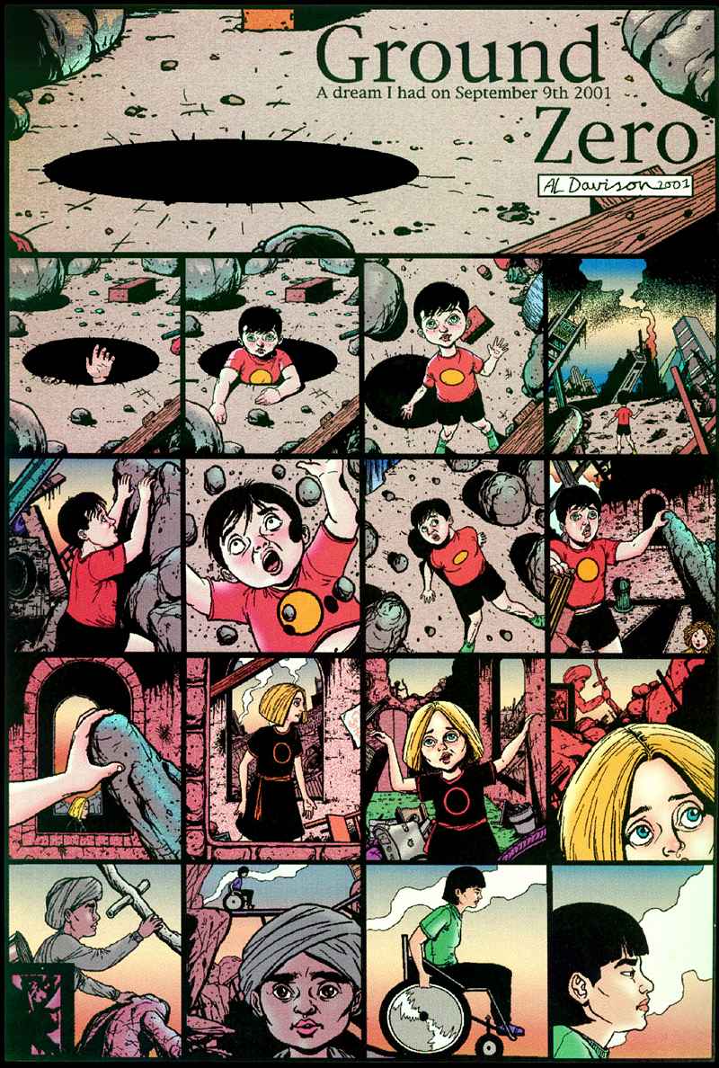 Page 1 of a wordless three-page color comic by Al Davison telling a dream he had just before 9/11: children emerge from holes to find ruined towers.
