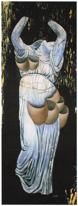 Headless handless statue of robed woman with seven brown shells or nests attached; sketch of a dream by Jindrich Styrsky. Click to enlarge.