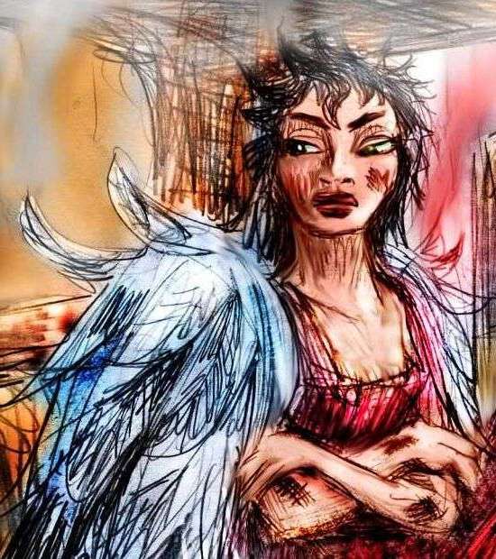 Sketch of a dream by Wayan: a girl with angel wings, scowling for good reason. Scorched feathers.