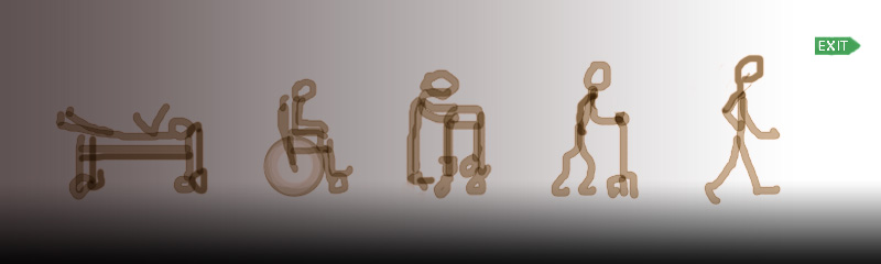Sketch of a dream by Chris Wayan: a stick man on a gurney, in a wheelchair, with a walker, with a cane, and walking unaided past an EXIT sign.