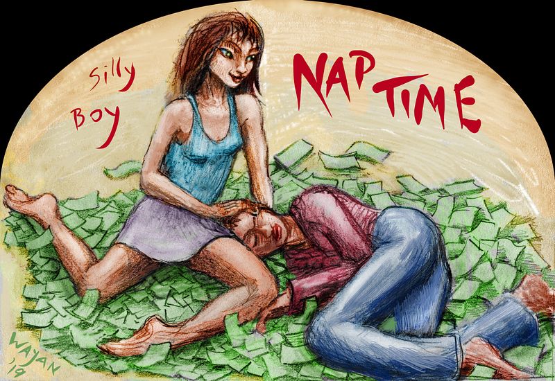I nap in a nest of dollar bills, as my friend Dawn keeps watch. Dream sketch by Wayan. Click to enlarge.