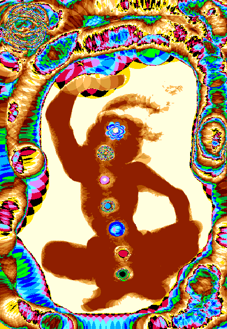 Meditating guru in tan X-rays reveals multicolored chakras; around him, psychedelic convoluted pipes and paths intertwine.
