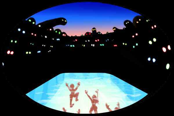 Night. Black ghost-silhouettes with glowing eyes watch small human figures walk through a luminous pool.