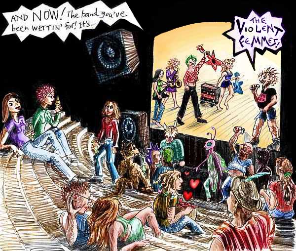 Sketch of the crowd inside a punk club in Silicon Valley, 1986, waiting to see the Violent Femmes.