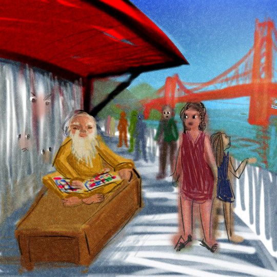 Guru and coffin on ferry to Little Willow; dream sketch by Wayan.