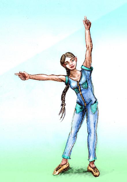 Sketch by Chris Wayan of a dream figure: a woman in blue coveralls stretching her arms at a right angle.