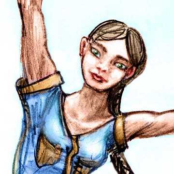 Sketch by Chris Wayan of a dream figure: close-up of a woman in blue coveralls stretching her arms at a right angle.