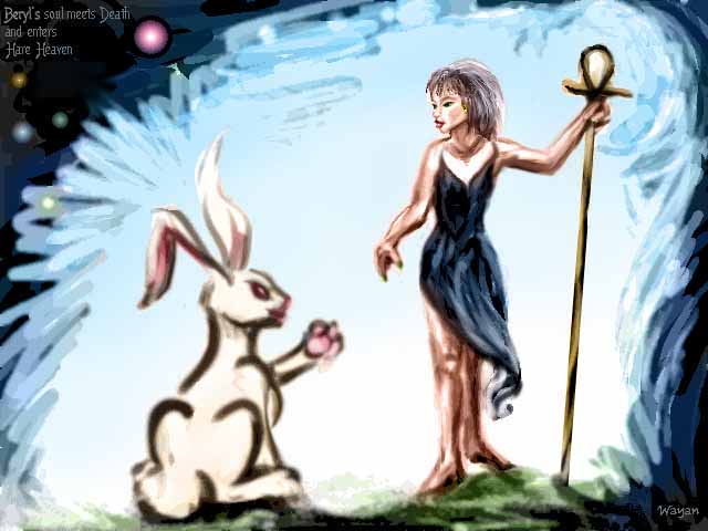 My friend Beryl, her soul a white rabbit, talks happily with Death in Heaven