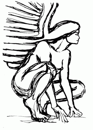 A hawk-woman in profile crouching; ink dream-sketch by Wayan. Click to enlarge.
