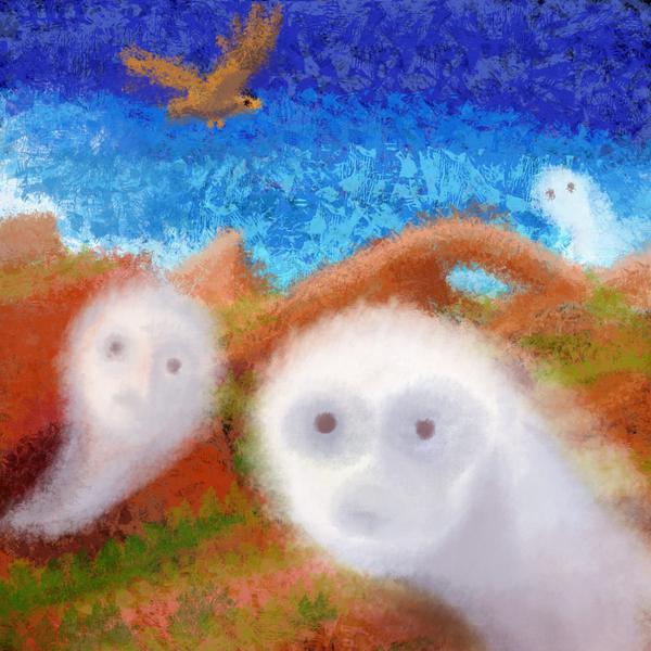 White, blankfaced ghosts emerge from desert caves. Dream sketch by Wayan. Click to enlarge.
