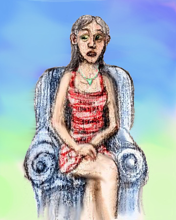 Skinny girl with close-set eyes in a red striped dress; sketch of a dream by Chris Wayan.
