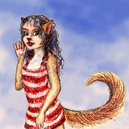 Catgirl with wide-set eyes in a red striped dress; sketch of a dream by Chris Wayan