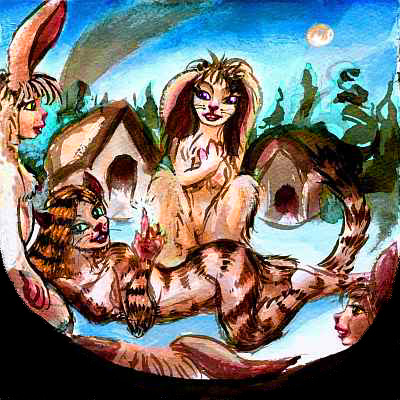 A feline storyteller reclining among an audience of rapt rabbits raises a symbolic claw. Click to enlarge.
