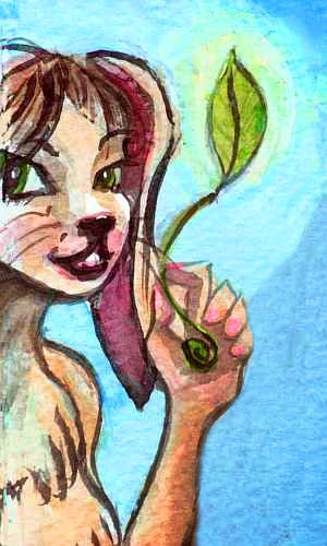 A green-eyed rabbit-girl shows a seed sprouting leaves. Click to enlarge.