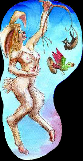 A rabbit girl holding up Scales of Justice, with a black cat in one pan, parrot in the other; but a cord breaks and they fall. Click to enlarge.