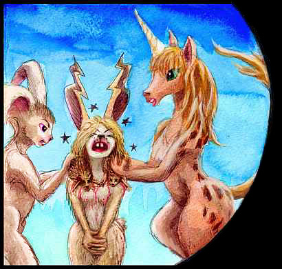 A rabbit buck and a unicorn mare put dead hedgehogs on a rabbit-girl's shoulders. She cries in pain. Click to enlarge.