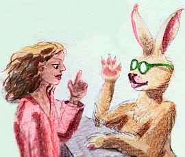 Human in red shirt and huge rabbit in green spectacles talking at a store-counter