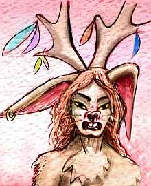 Rabbit shaman with antlers, snarling in rage