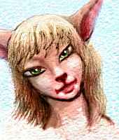 A rabbit girl with green eyes, tilting her head. Click to enlarge.