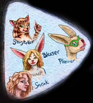 Heads: a cat face labeled 'storyteller', a rabbit-girl, 'blesser'; a rabbit-clerk, 'planner'; and a human, 'sneak'. Click to enlarge.
