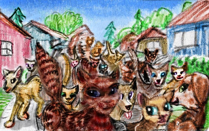 A horde of puppies, raccoons and cats. Dream sketch by Wayan.
