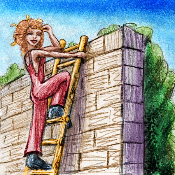 Girl in overalls up a ladder, pulling rubber bands from her hair. Dream sketch by Wayan. Click to enlarge.